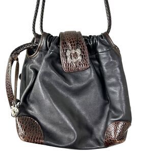 Brighton Vintage Black Leather Brown Croc Drawstring Shoulder Bag Handbag Purse